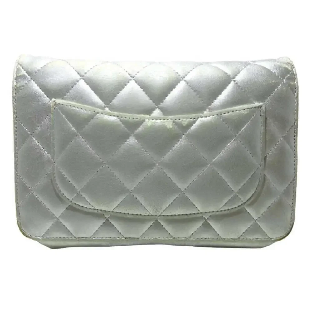 CHANEL Lambskin Quilted Wallet On Chain WOC Silver 15*